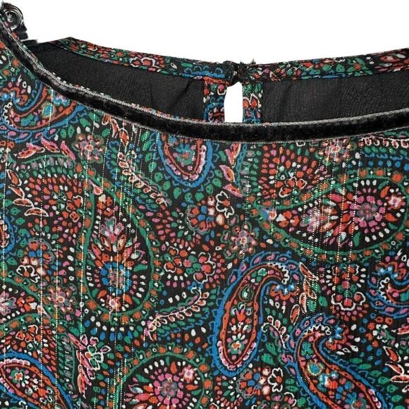 LOFT Shimmer Paisley Velvet Trim Swing Dress XS Black Long Sleeve Ruffle Cuff - Picture 3 of 11